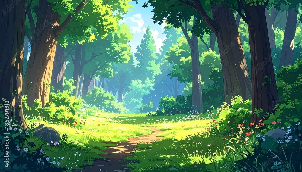 Fototapeta premium Sunlit Forest Path Through Lush Trees – Tranquil Visual for Wellness, Eco, or Nature Branding Themes