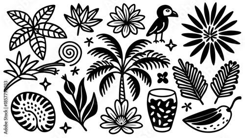 Tropical elements doodle set Vector
