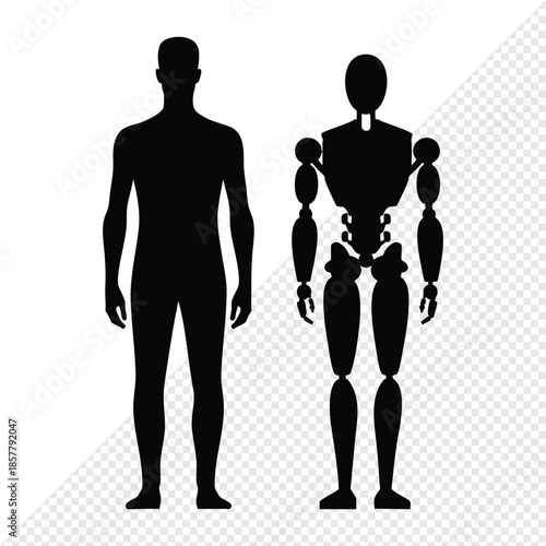 Silhouette of a human body next to a jointed mannequin figure representing anatomy and design concepts isolated on white background