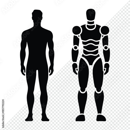 Silhouette of a human body next to a robotic figure representing human versus machine or future technology concepts isolated on white and backgrounds