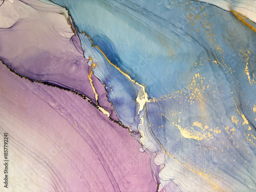 Abstract blue with pink hand made aquarelle background. Beautiful watercolor artwork made with gold and alcohol ink. Blue watercolor fluid art texture resembles marble, water, ocean, sea, air, flow.