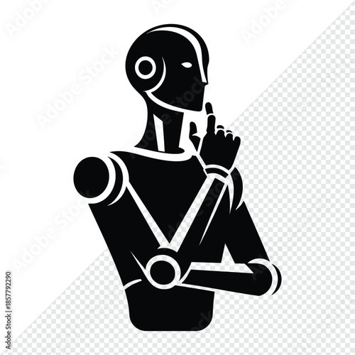 Silhouette of a thoughtful robot with finger on chin representing and futuristic technology isolated on white background