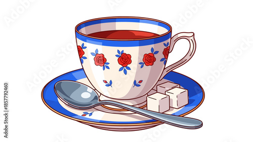 Cup of tea with sugar cubes and spoon on saucer, traditional beverage, 