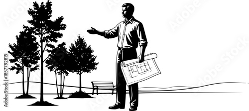 Landscape architect man designing outdoor park with new trees vector illustration
