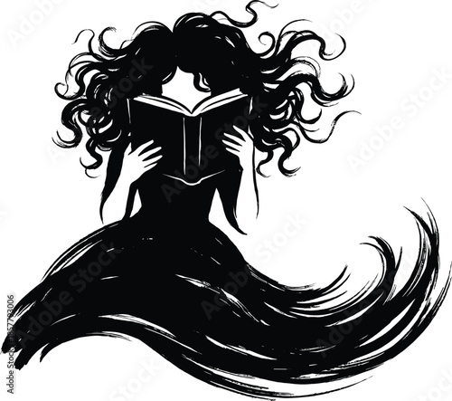 Artistic Silhouette Of A Woman Reading A Book With Long Flowing Wild Hair For Library Literacy Education Fantasy Storytelling And Bookstore Design