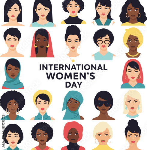 International Women's Day Vector Illustration, Diverse Multi-Ethnic Female Portraits Collection, Women Empowerment and Diversity Concept Art
