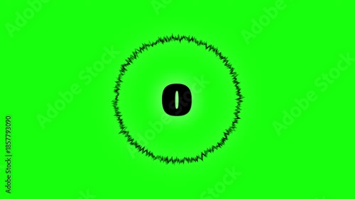 5 second digital countdown with spectrum animation effect on the outer circle line, 5 to 0 second countdown, 4k icon animation on green background
