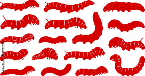 Caterpillar silhouettes collection, worm insect species, crawling larvae, entomology art, vector illustration, nature design, wildlife icon, garden pest, bug pattern, segmented body 
