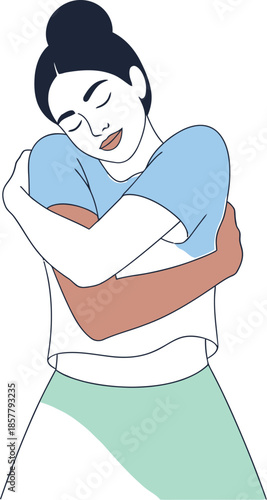 Young woman with closed eyes lovingly embraces herself in a gentle hug symbolizing inner peace self acceptance and mental wellness concept art