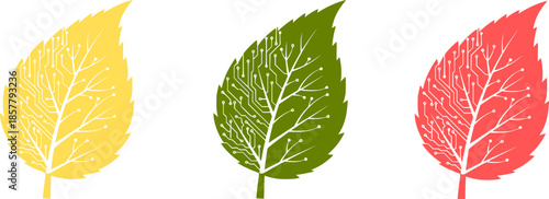 Black Silhouette Bio-Digital Leaf with Circuit Traces, Neo-Ecology and Green Tech Icon Isolated
