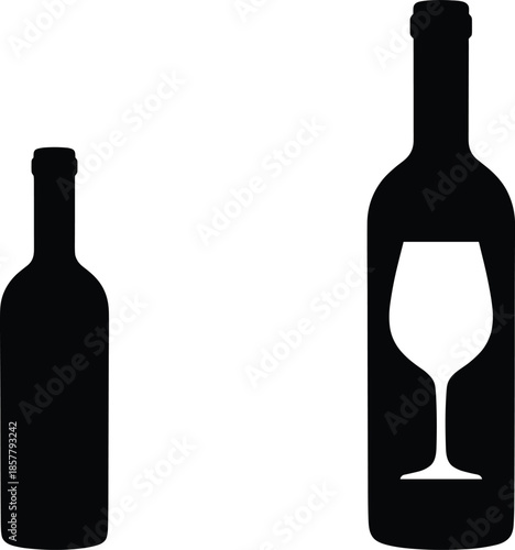 Black Silhouette of Wine Bottles With a Wine Glass Cutout Shape Representing Winery Branding Alcohol Beverage Menu and Celebration Concepts