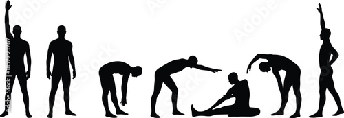 Black Silhouette Set of Men Performing Various Stretching Exercises and Fitness Warm Up Poses for Healthy Lifestyle Gym and Workout Concepts