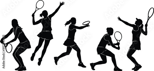 Black silhouette set of female tennis players performing various actions like serving, hitting backhand, and volleying on a white background.