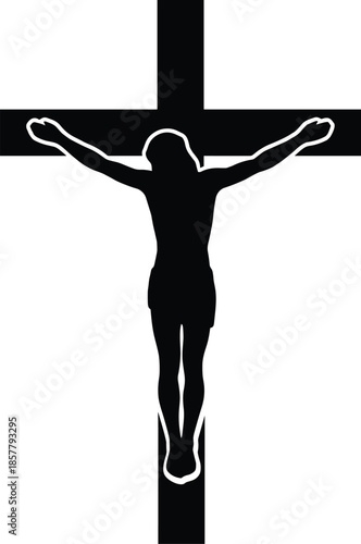 Black Silhouette Vector Illustration of Jesus Christ on the Cross Crucifixion Symbol for Christian Religious Design Isolated on White Background Graphic