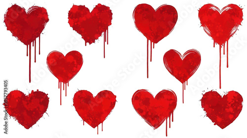 Vibrant, glossy, and stylized red heart-shaped lollipops with dripping candy coating, presented in a repeating pattern, appear to be digitally rendered with a, isolated on transparent background.