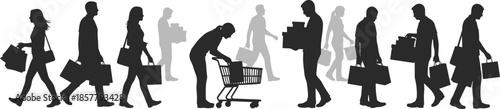 Diverse crowd of people carrying shopping bags and pushing retail cart in silhouette isolated on white background for commerce concept
