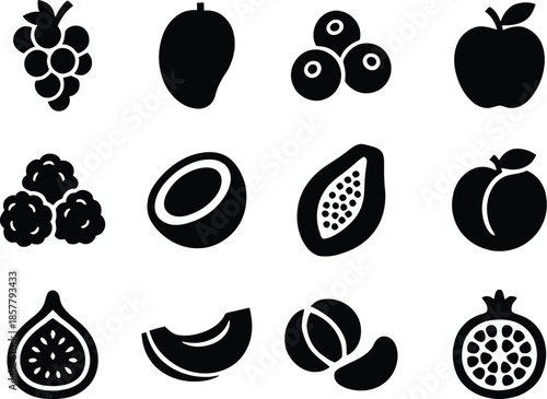 Fruits icon set. All mix fruit set, banana, strawberry, pineapple, watermelon, grapes, mango, blueberries, peach, cherry, lemon, avocado, pear, kiwi, Vector illustration !