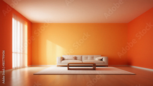 Modern living room with orange walls and white couch