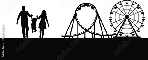 Family Silhouette Walking at Amusement Park with Roller Coaster and Ferris Wheel Background for Summer Vacation and Theme Park Fun Concept