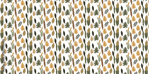 Leafy Pattern Design: A colorful array of natural leaves in a repeating seamless pattern, perfect for textile design, surface textures, and nature-inspired backgrounds.