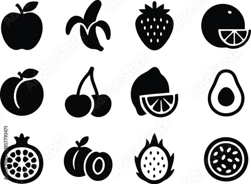 Fruits icon set. All mix fruit set, banana, strawberry, pineapple, watermelon, grapes, mango, blueberries, peach, cherry, lemon, avocado, pear, kiwi, Vector illustration !