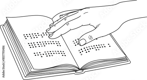 Close up line art drawing illustrates a person using their fingertips to carefully read the raised dots of an open braille book demonstrating tactile learning methods.