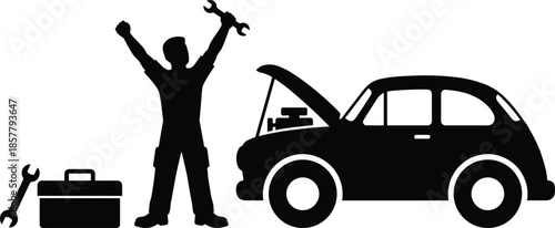 Professional mechanic silhouette celebrating successful car repair with wrench and toolbox next to vehicle with open hood on white background