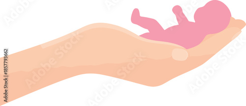 Minimalist illustration of a tiny pink newborn baby silhouette resting safely in a large protective human hand on white background.
