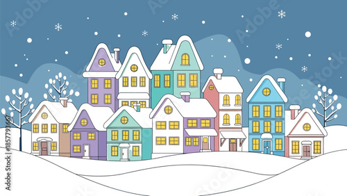 Charming cartoon village nestled under a soft snowfall features brightly lit colorful houses creating a cozy winter wonderland atmosphere for the holidays.