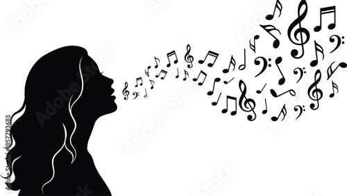 Profile Silhouette of a Young Woman Singing or Whistling with Musical Notes and Clefs Flowing from Her Mouth on White Background