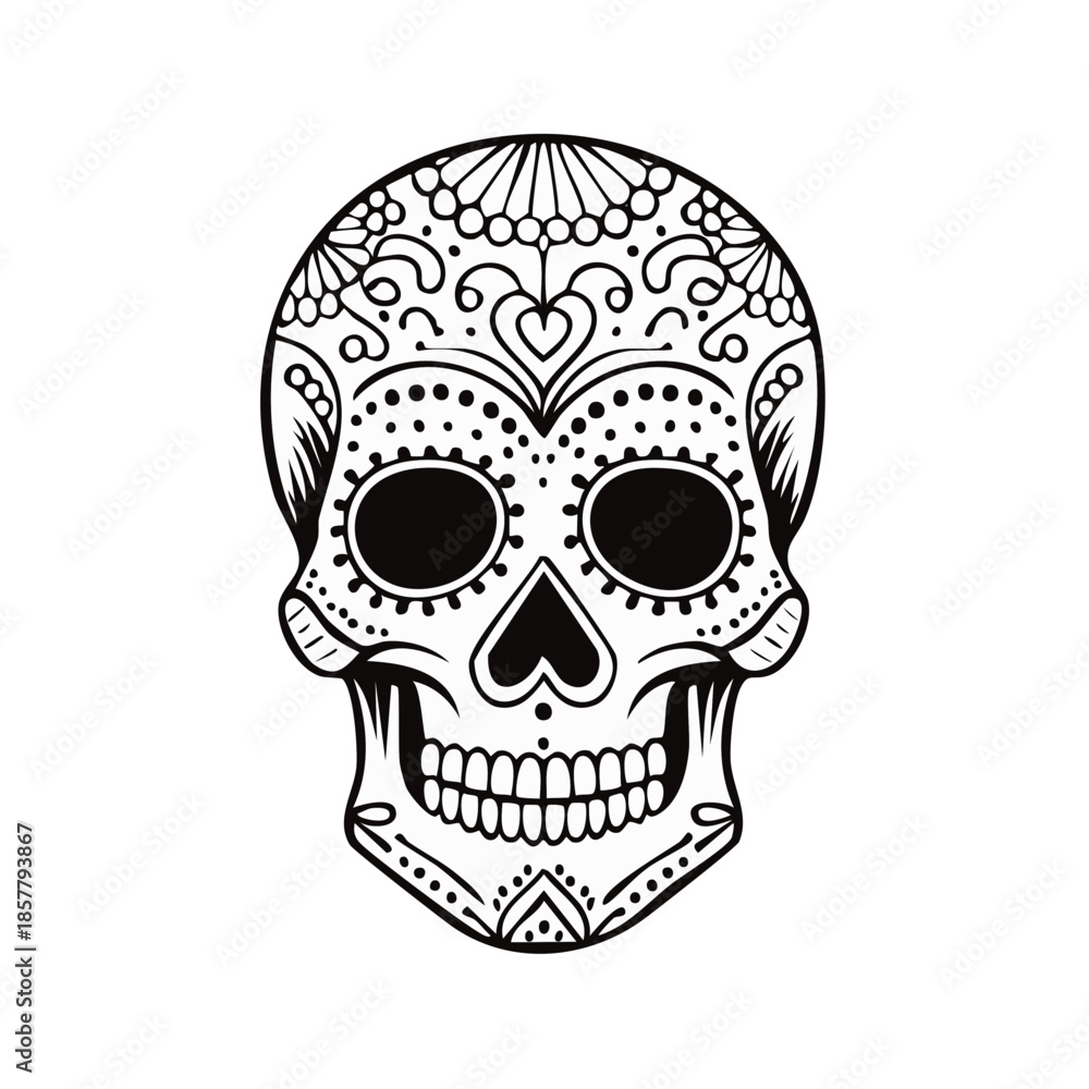 Fototapeta premium Ornate sugar skull illustration intricate line art Day of the Dead themed artwork decoration