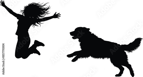 Silhouette of a Happy Young Woman Jumping with Joy Next to Her Running Golden Retriever Dog Celebrating Friendship and Freedom