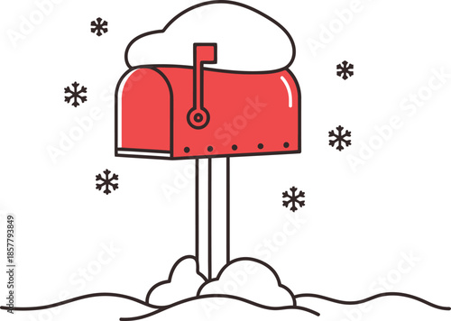 Simple illustration of a classic red rural mailbox heavily covered with freshly fallen white snow during a cold winter season