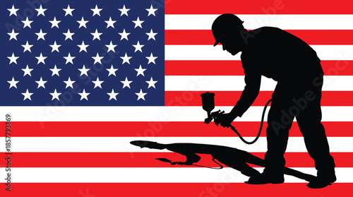 Silhouette of a Male Industrial Worker Using a Spray Gun Tool Over an American Flag Background Representing Labor and Patriotism