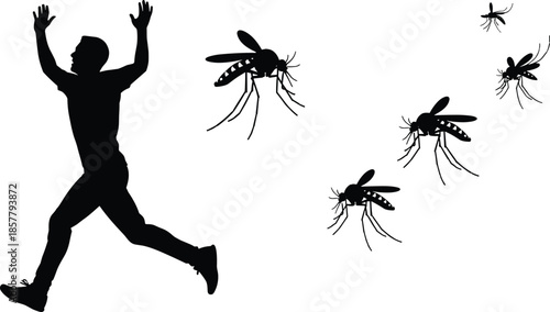 Silhouette of a Scared Man Running Away from a Swarm of Giant Mosquitoes Representing Pest Control Insect Bites and Summer Nuisance