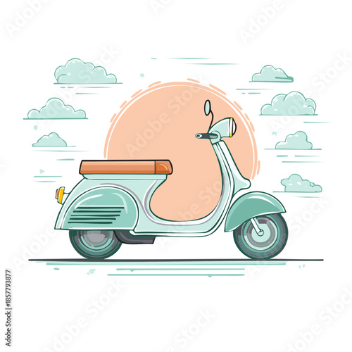 Illustration of Light Blue Scooter in Retro Style with Clouds and Sun