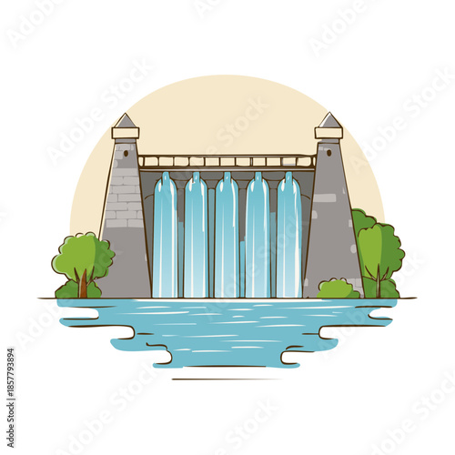 Illustration of a Hydroelectric Dam releasing Water for Power Generation against beige backdrop in cartoon style