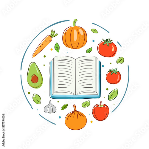 Open cookbook and vegetables food set illustration in circle shape. Recipe book and organic ingredients icon flat design