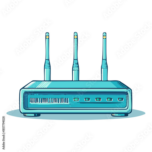 Blue WiFi router with three antennas for wireless internet connection home network device illustration sketch