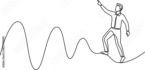 Business leader balancing on curved line, continuous line art illustration symbolizing risk, growth, strategy, success, stability, and leadership journey concept
