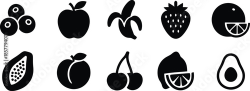 Fruits icon set. All mix fruit set, banana, strawberry, pineapple, watermelon, grapes, mango, blueberries, peach, cherry, lemon, avocado, pear, kiwi, Vector illustration !