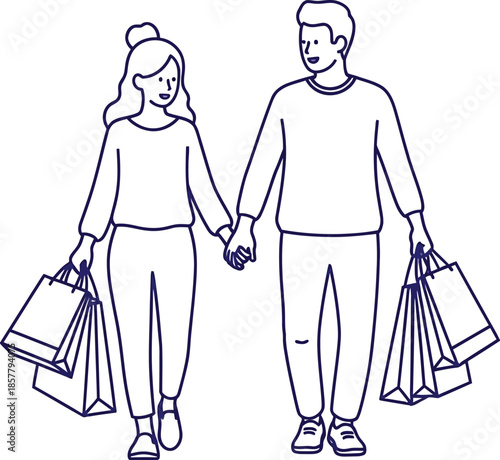 Couple holding hands while walking together after a successful retail shopping spree carrying multiple paper bags filled with purchases