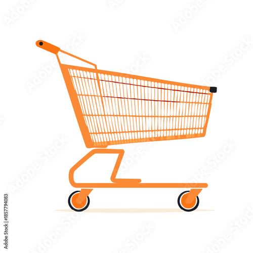 Shopping cart in orange. Retail sales equipment, store utensil, consumerism object. Market basket for carrying groceries