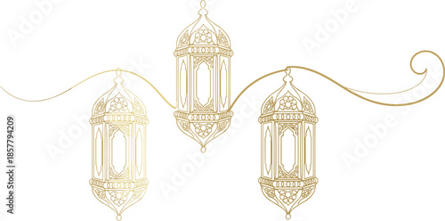 Elegant Ramadan lantern line art illustration, Islamic decorative hanging lamps design, Arabic festival ornament, vector outline, traditional Eid background