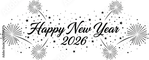 Happy New Year 2026 celebration, festive fireworks background, elegant blue design, holiday greeting card, seasonal banner, joyful party invitation