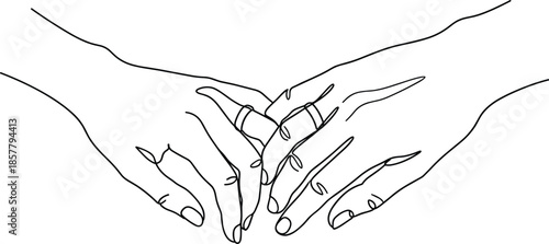 Minimalist line art illustration of two hands touching symbolizing love, connection, intimacy, romance, unity, tenderness, relationship, human bond