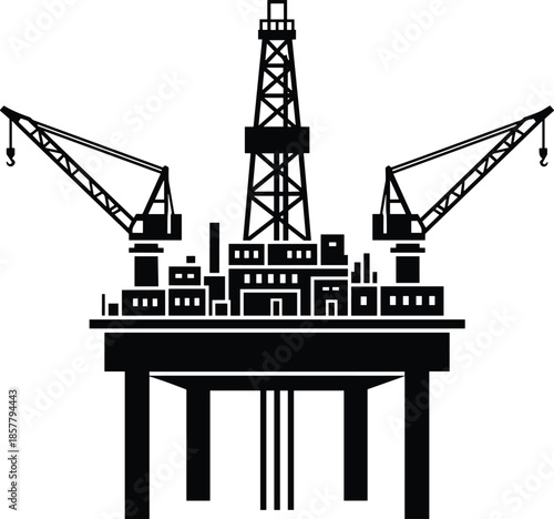 Offshore, oil, drilling, platform, silhouette, industrial, rig, ocean, energy, petroleum, extraction, derrick, crane, structure, marine, engineering, fuel, production, equipment, infrastructure