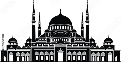 Mosque, Islamic architecture, minarets, domes, vector illustration, cultural heritage, religious building, ornate facade, geometric patterns, symmetrical design, spirituality, tradition