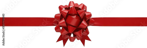 A vibrant, intricately layered, and voluminous red satin bow with a glossy sheen and elegantly curled tails, gracefully resting atop a wide, matching red ribbon,, isolated on transparent background.