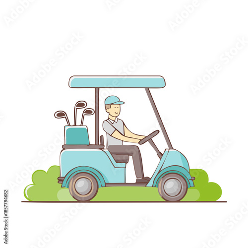 Golfer Drives Electric Golf Cart on Green Course, Cartoon Style Illustration